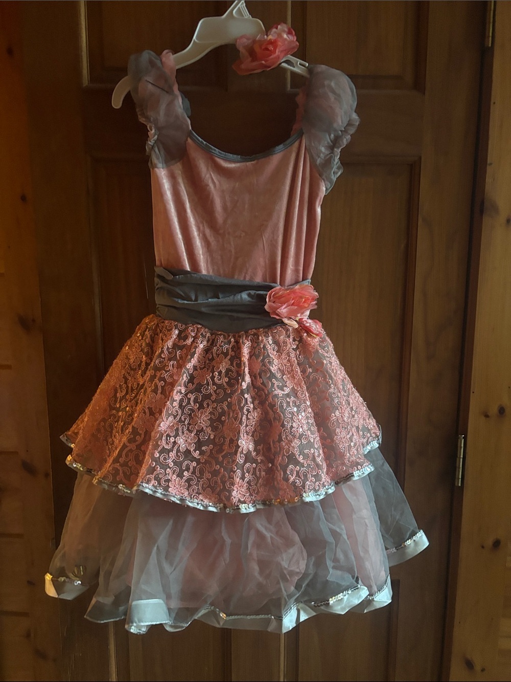 Salmon Pink & Gray Floral Tulle Woman’s Dance/Ballet Dress w/ Matching Hairclip.